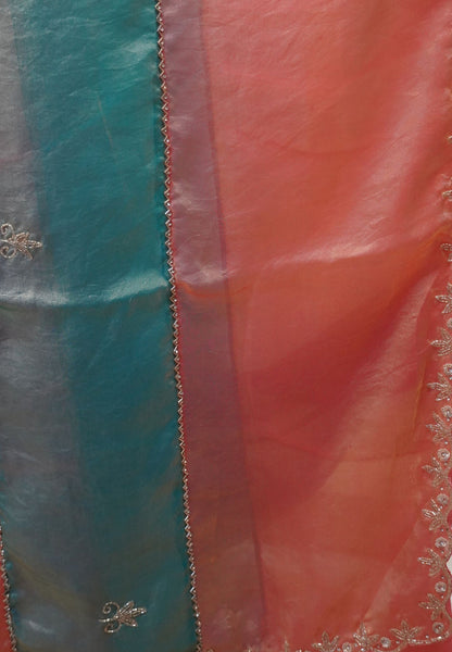 Mira Designer Saree-Pastel pink& Sky Blue Duo Tone Encrusted with Scalloped Stone Work
