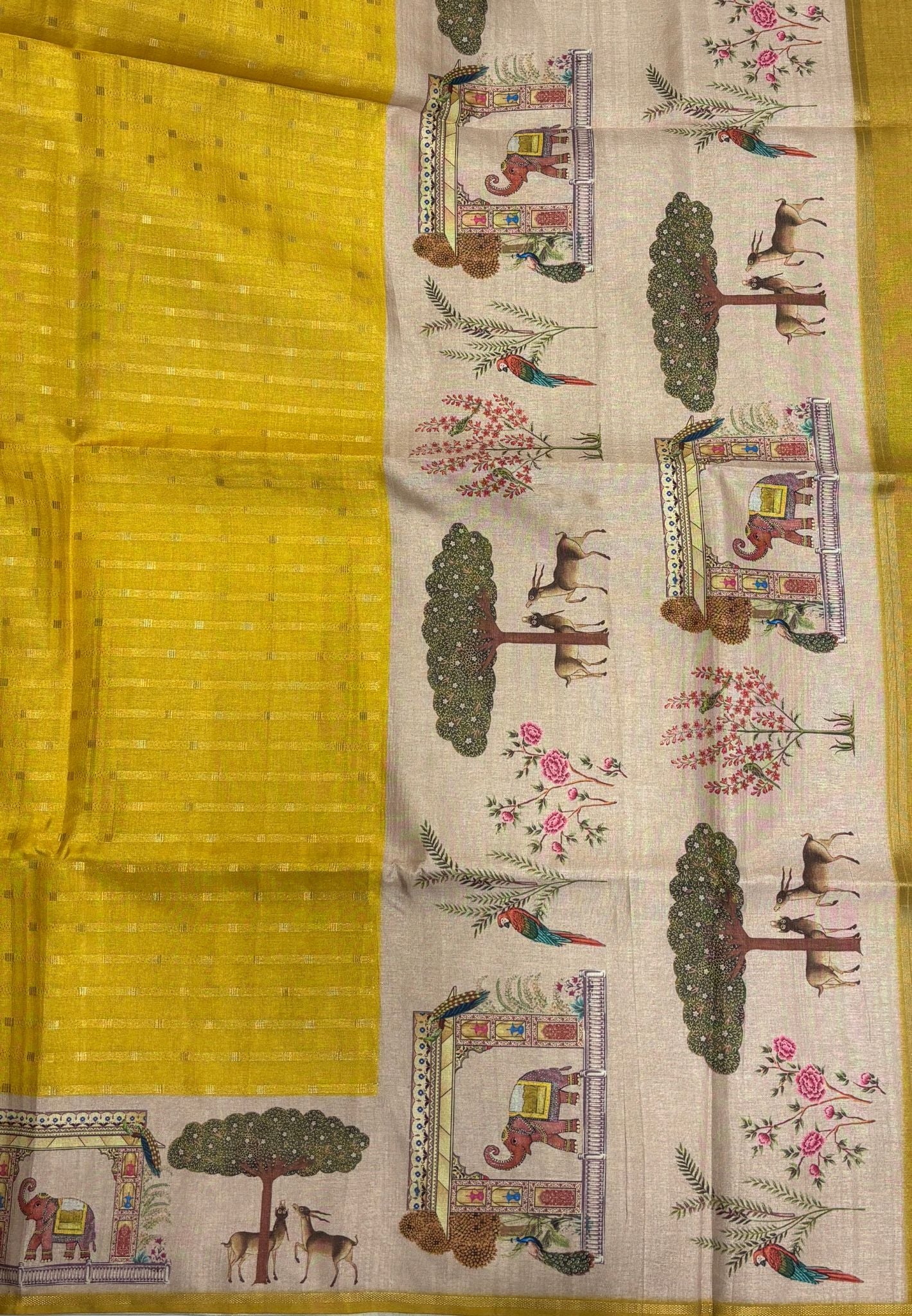Semi Tussar Saree-Yellow in Vanam Kalamkari Border