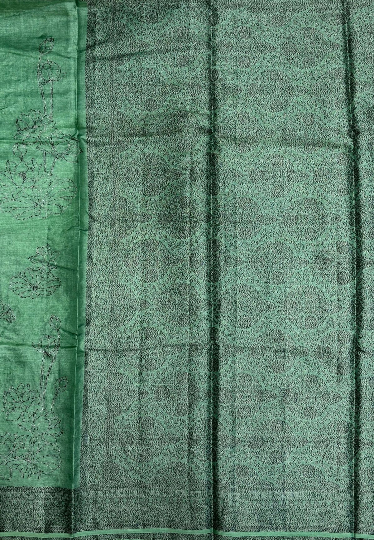 Tussar Saree-Pista Green In Glitter Floral Border