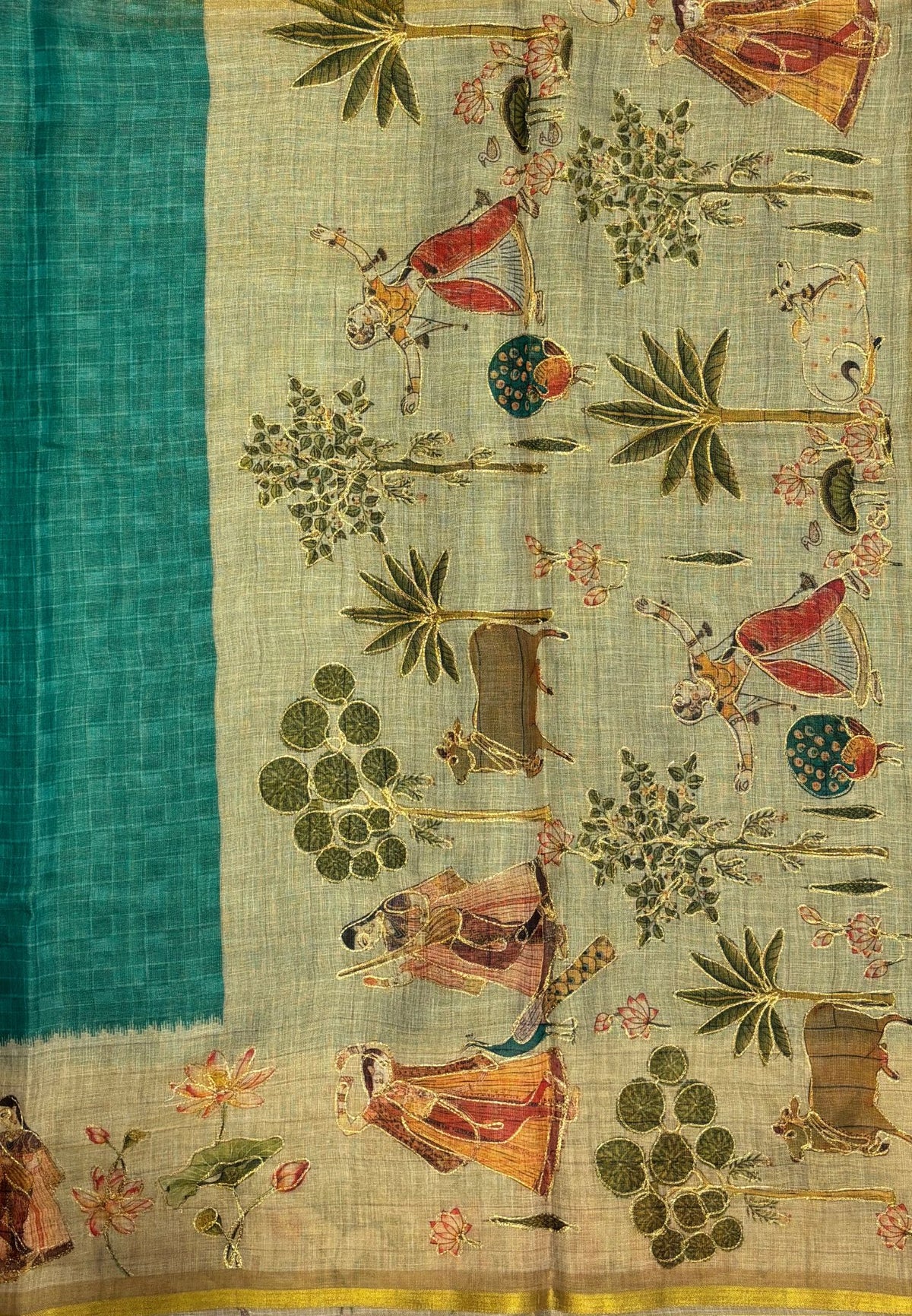Tissue Linen Saree-Sea Green in Traditional Tribal Art Printed Border