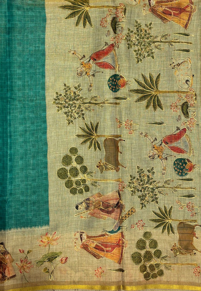 Tissue Linen Saree-Sea Green in Traditional Tribal Art Printed Border
