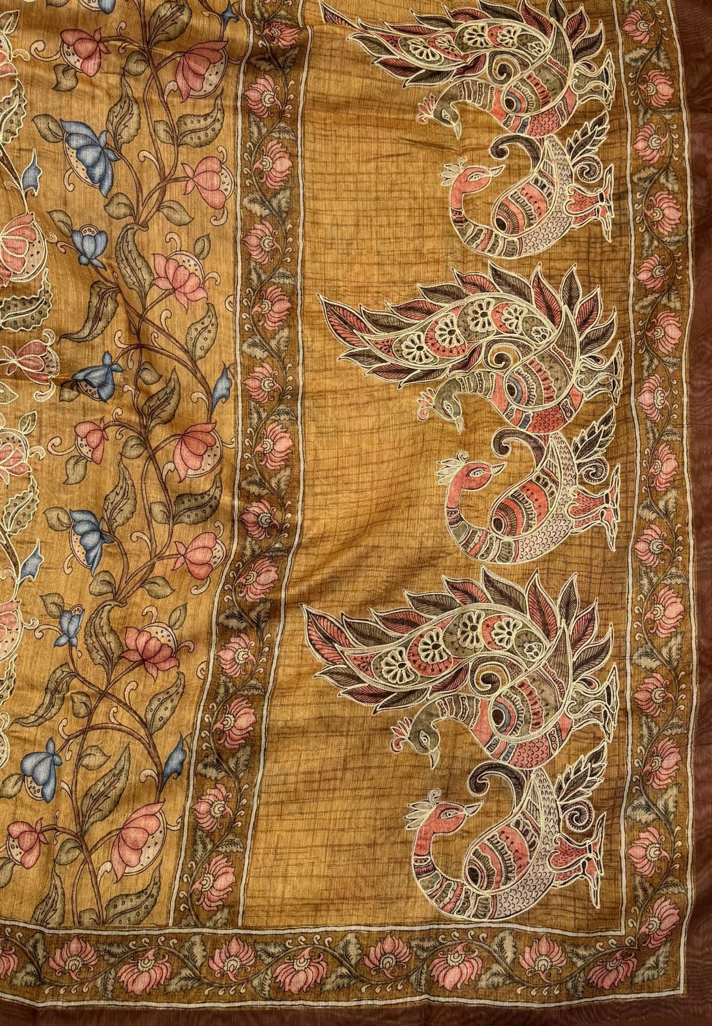 Chanderi Saree-Mustard In Floral Peacock Border