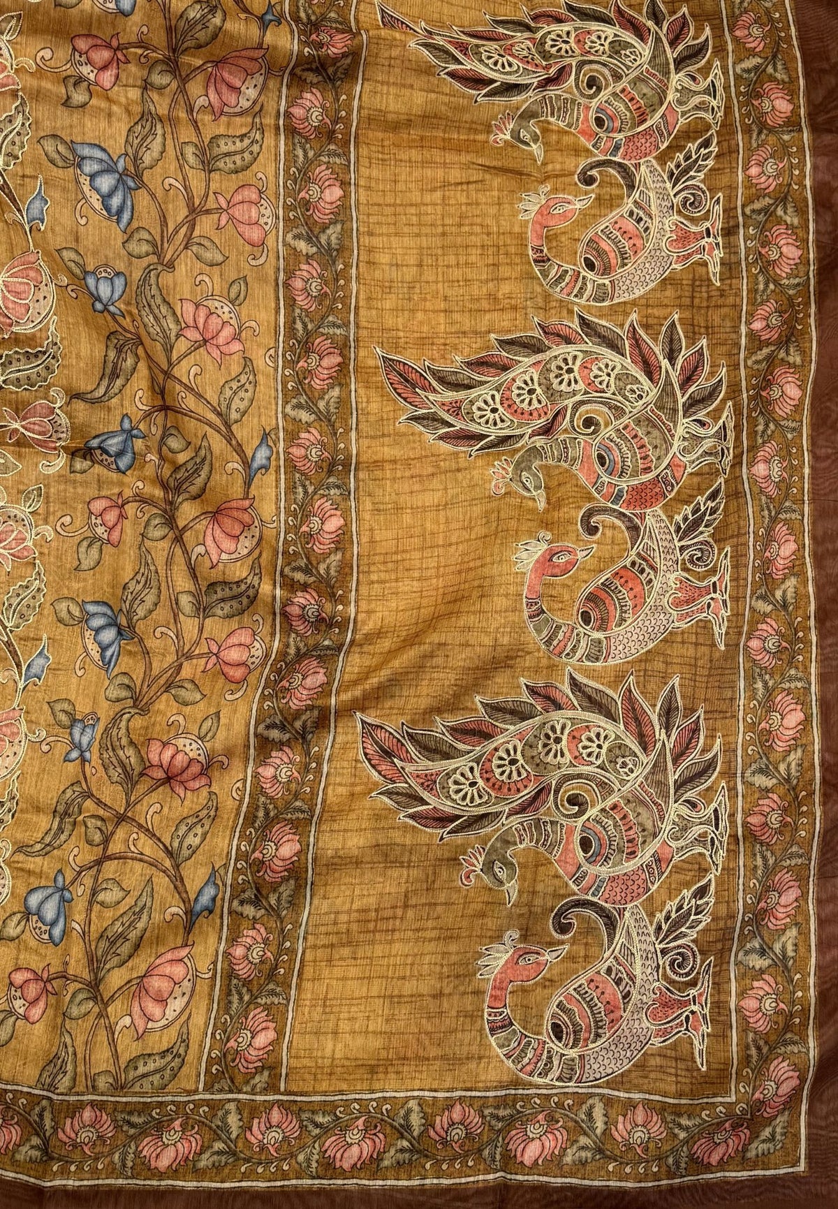 Chanderi Saree-Mustard In Floral Peacock Border