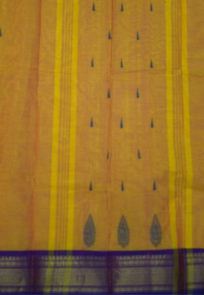 Chettinadu Cotton Saree-Yellowish Orange with Royal Purple Zari Border & Traditional Buttas