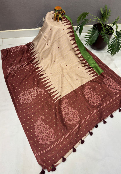 Soft Tussar Saree-Beige-Brown In Zigzag Temple Inspired Border