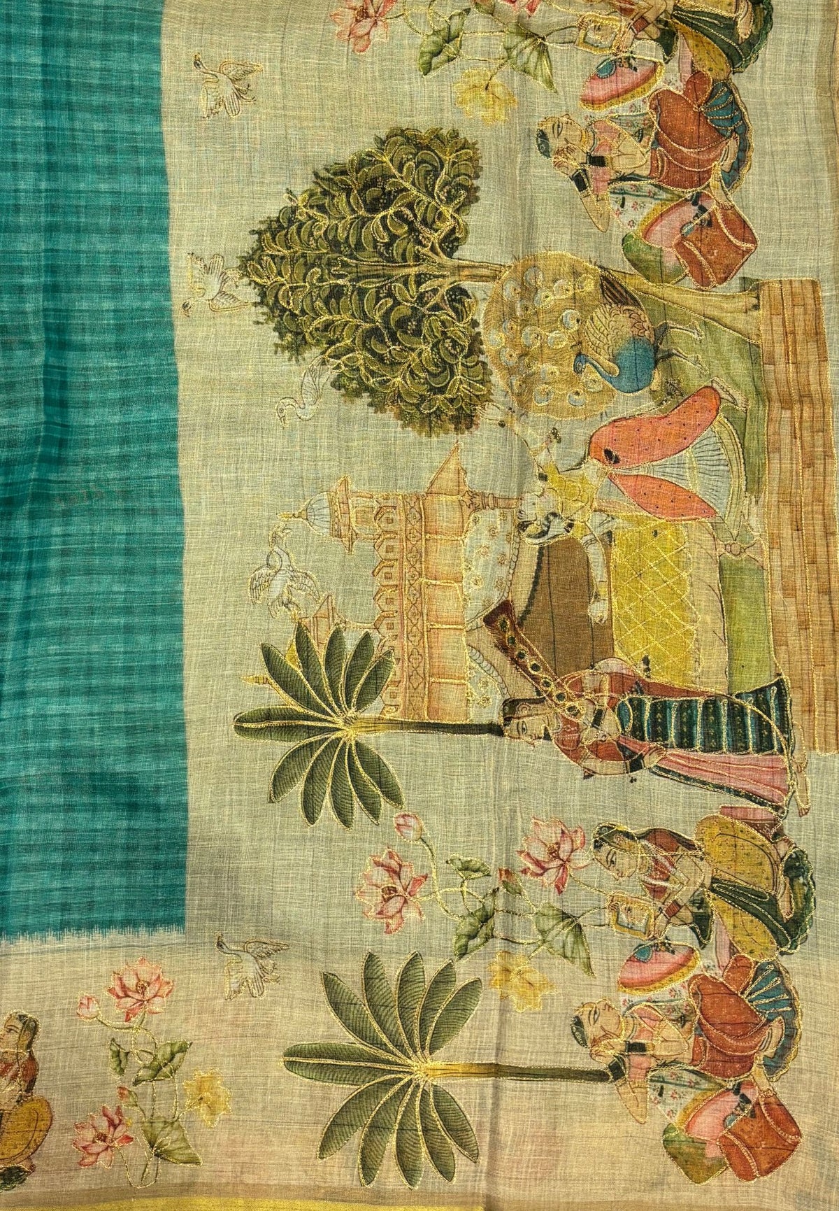 Tissue Linen Saree-Teal Green in Traditional Folk Art Printed Border