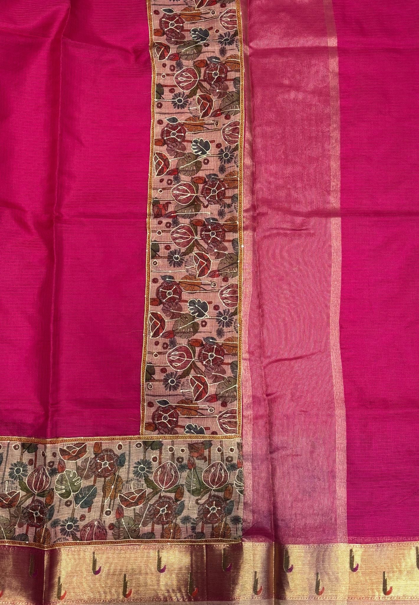 Silk Kota Saree-Rani Pink In Kalamkari Embroidery Border