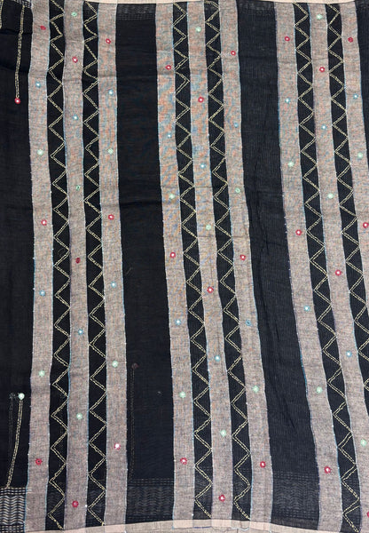 Linen Saree-Black in Kantha Mirror Work Border
