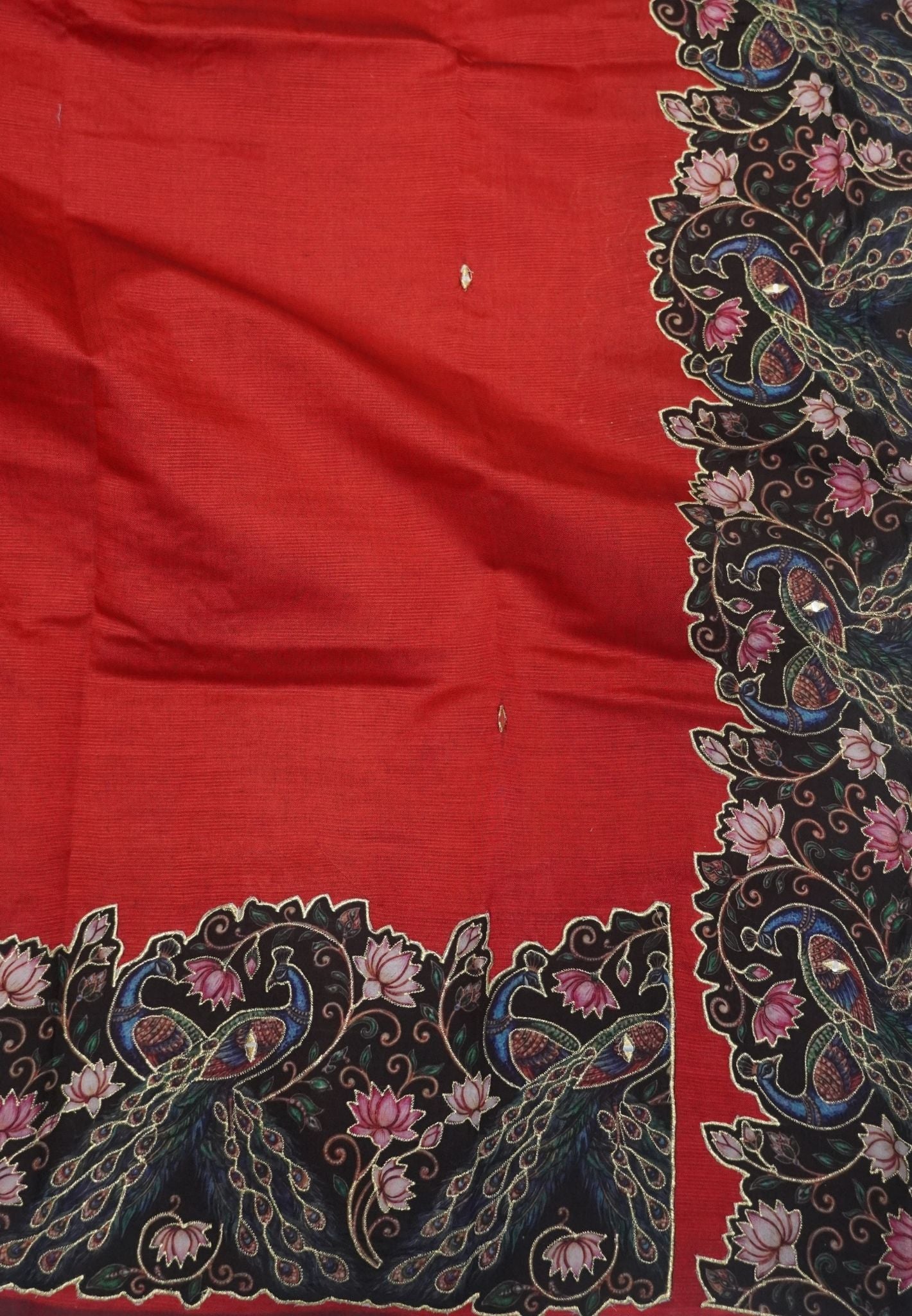 Pure Mangalgiri Silk Saree-Red in Tanjore Print with Aplique Work