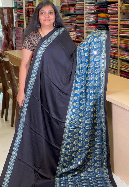 Pure Modal Silk Saree-Original Mirror Work &Traditional Printed Motifs - Black with Ramar Blue