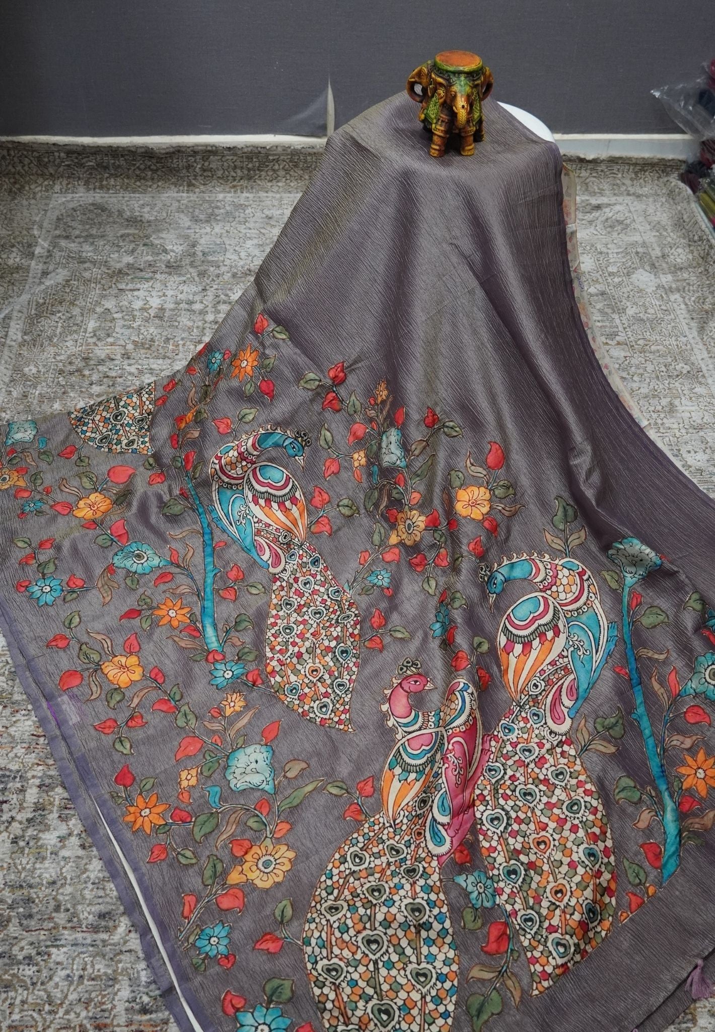 Crush Tissue Saree – Purple Peacock Print