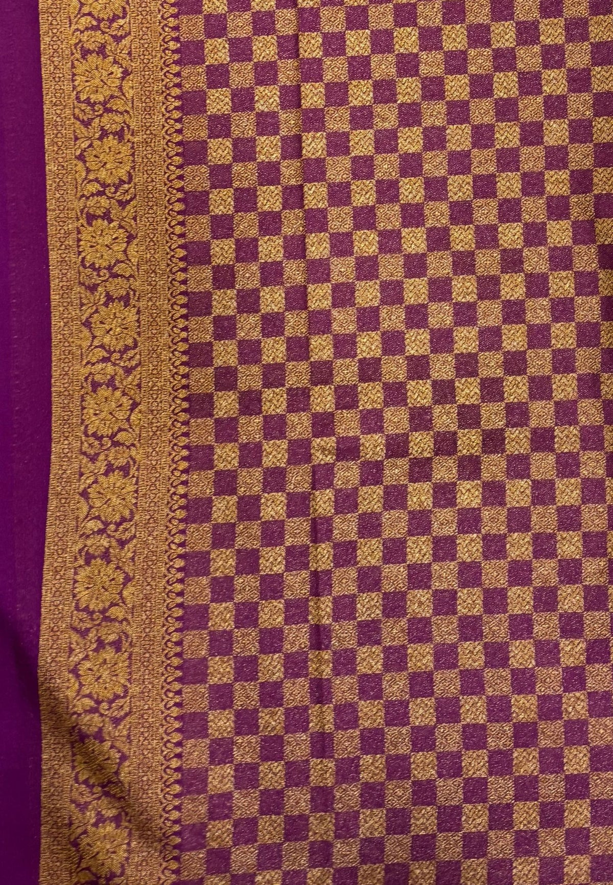 Banarasi Crepe Saree-Sandal In Square Check Brocade With Contrast Border