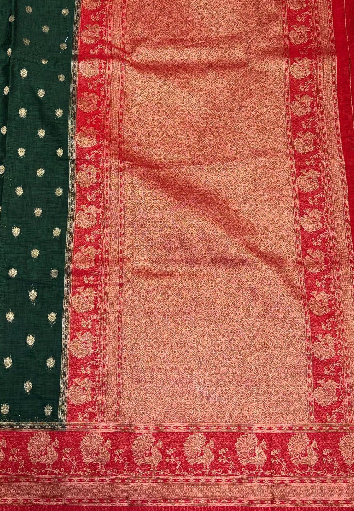 Tussar Linen Saree-Green in Traditional Peacock Floral Zari with Contrast Border