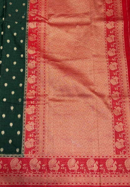 Tussar Linen Saree-Green in Traditional Peacock Floral Zari with Contrast Border