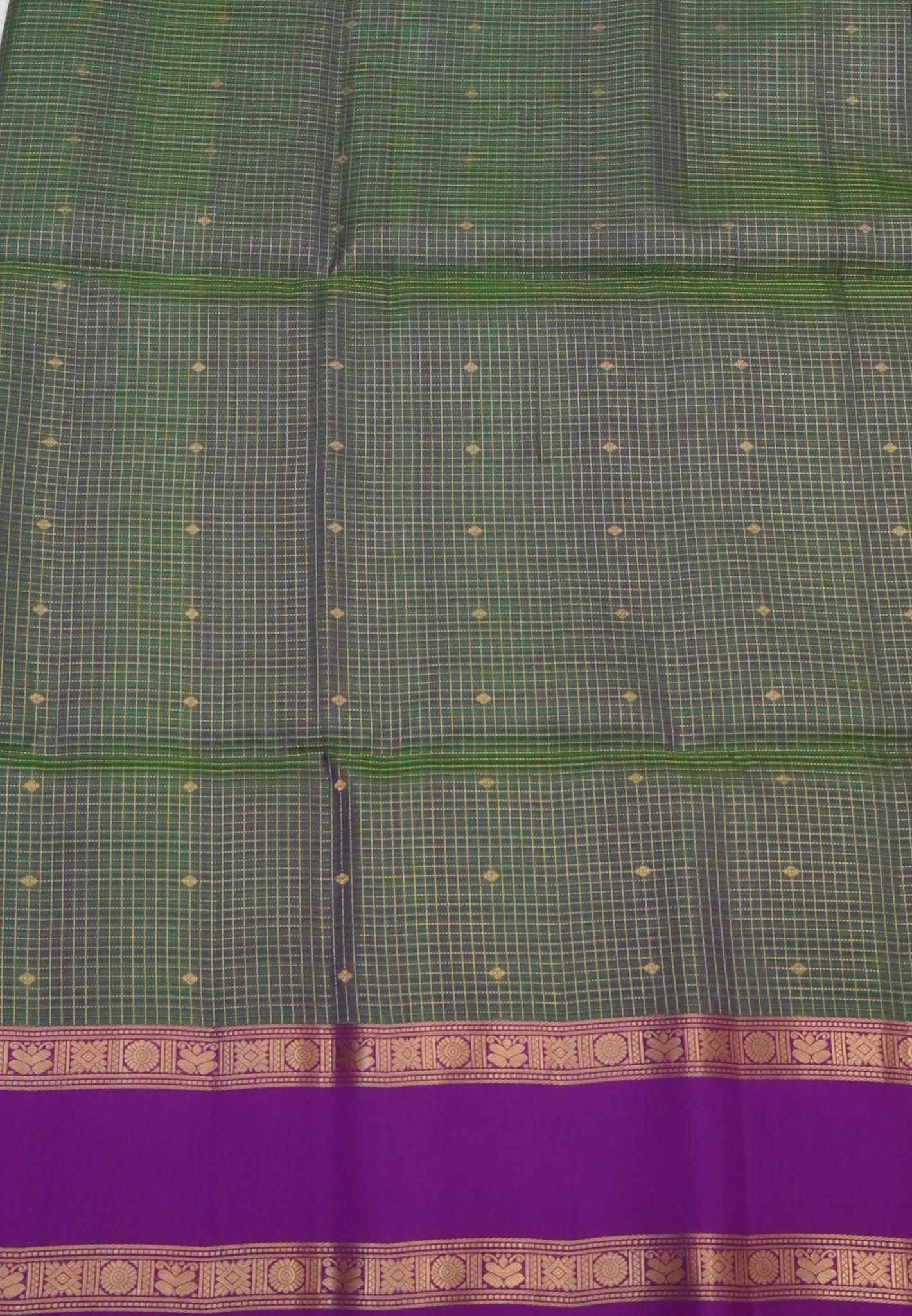 Pure Kanchipuram Silk Saree-Sage Green in Zari Checks with Contrast Rettapet Border