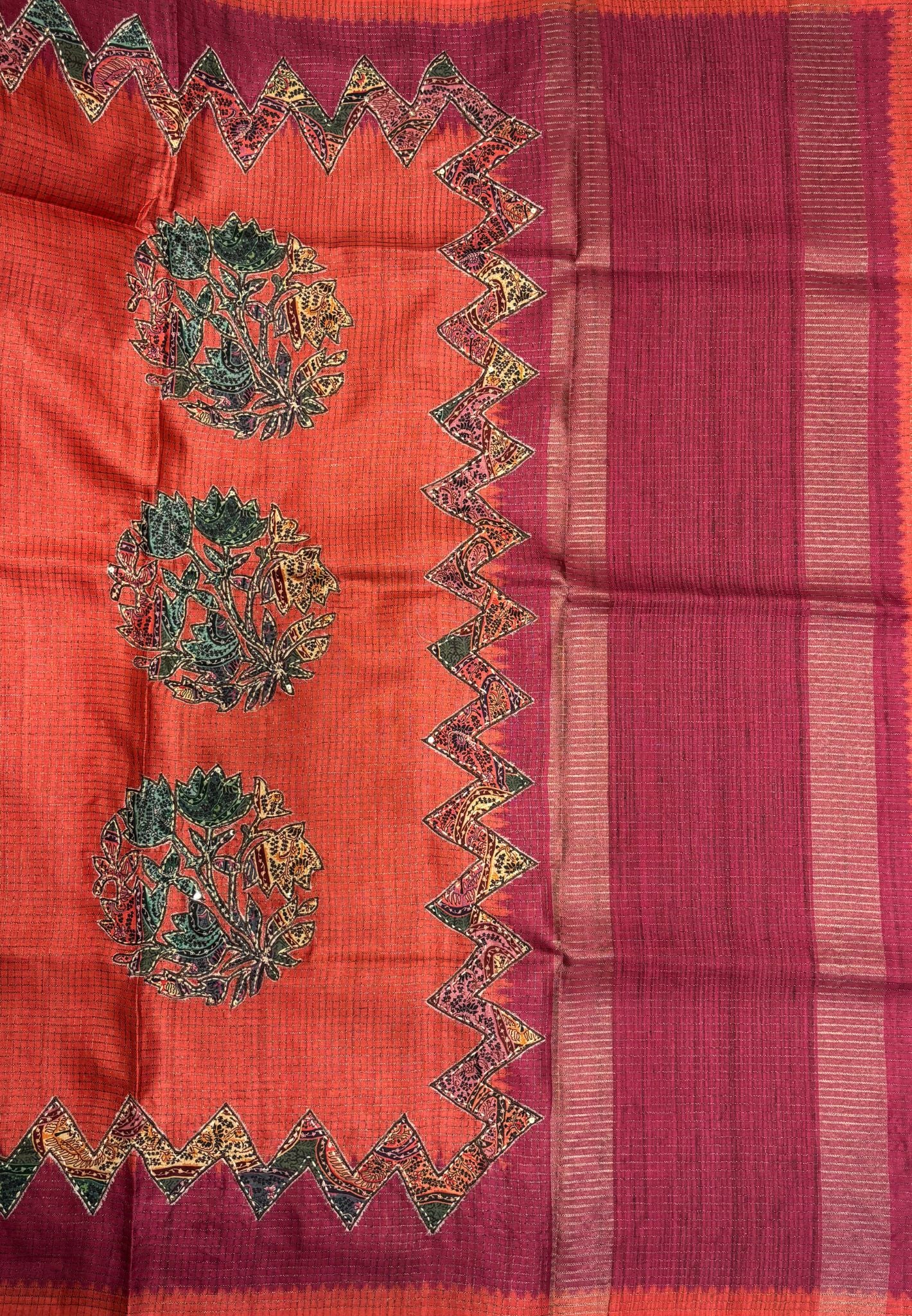 Semi Tussar Saree-Rust Orange in Zigzag Tribal Pattern Border