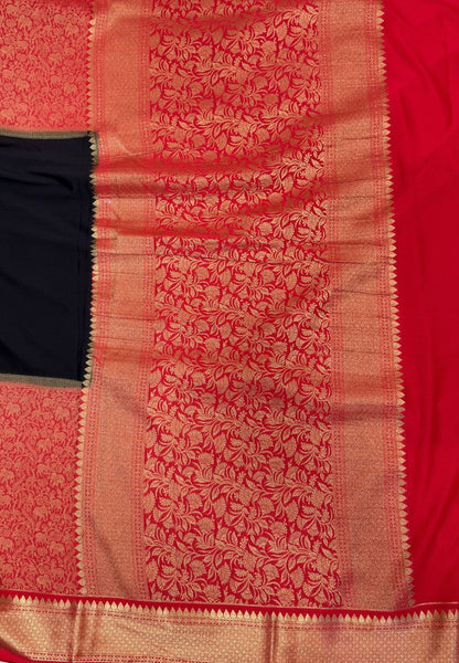 Art Mysore Silk Saree-Black-Red In Floral Zari With Contrast Border
