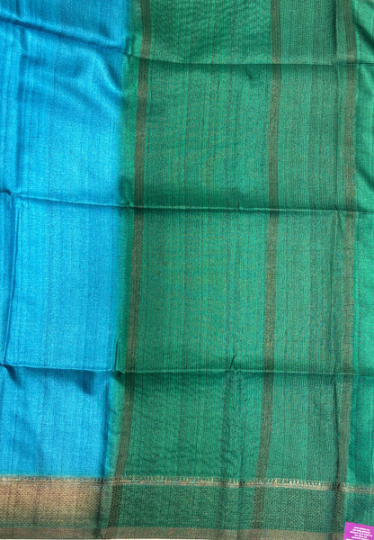 Matka Tussar Saree-Sulphat Blue in Classic Striped Zari with Contrast Border