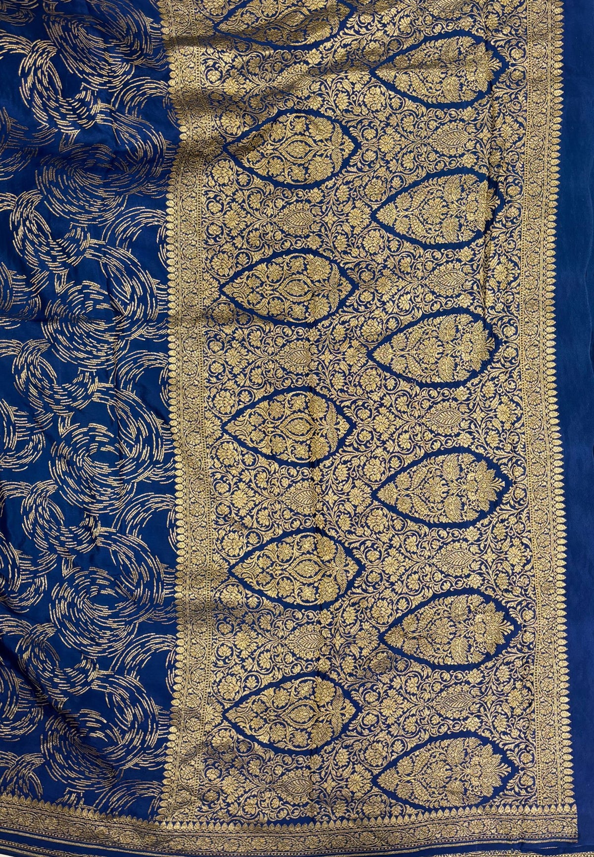 Pure Banarasi Kaddi Georgette Saree-Peacock Blue In Paisley Floral Jaal Zari Border