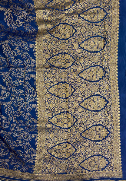 Pure Banarasi Kaddi Georgette Saree-Peacock Blue In Paisley Floral Jaal Zari Border