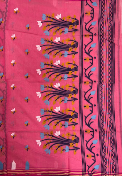 Handloom Cotton Saree-Baby Pink In Lotus Floral Border