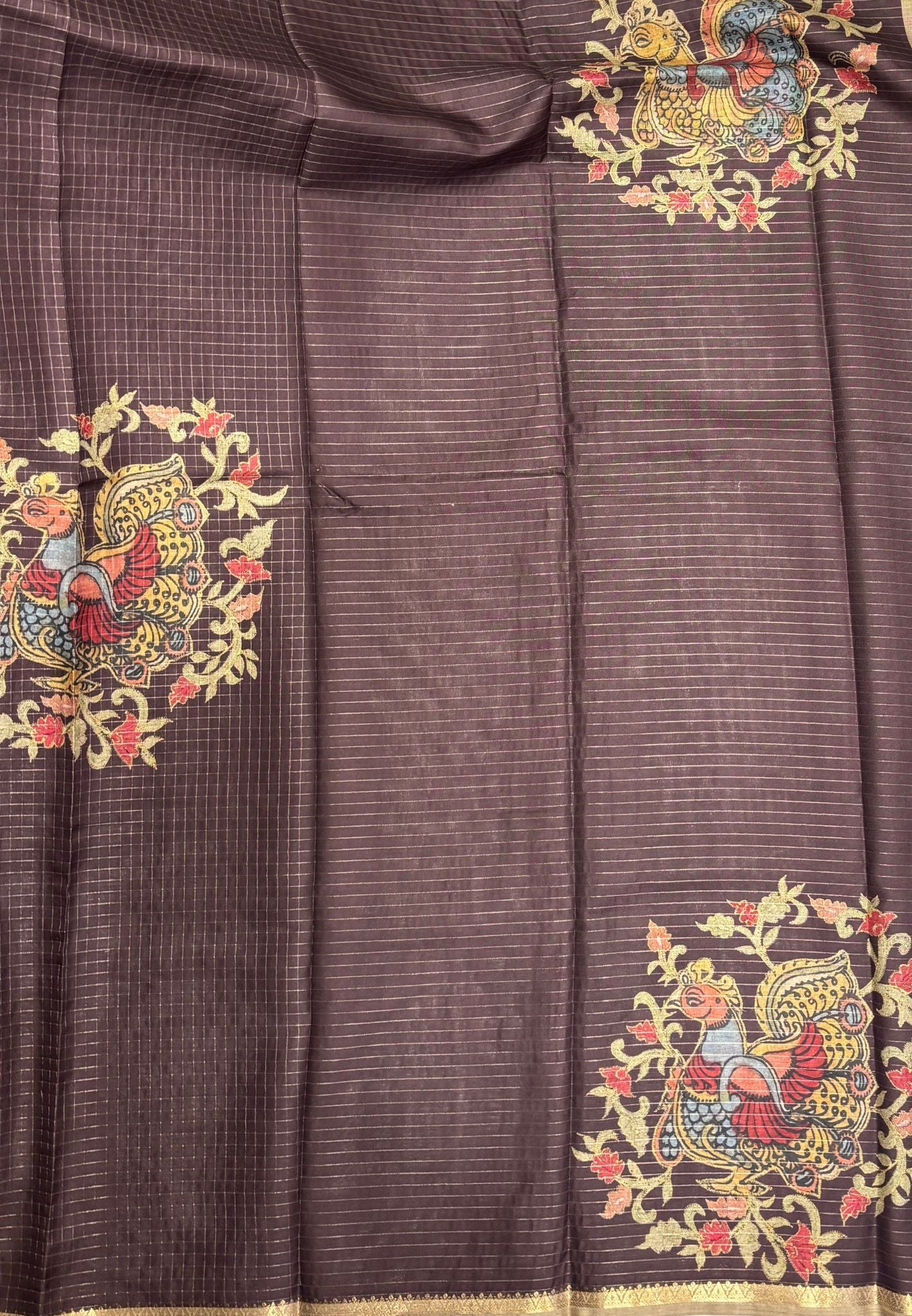 Soft Tussar Saree-Brown In Kalamkari Peacock Border