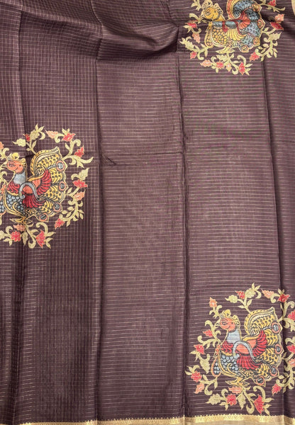 Soft Tussar Saree-Brown In Kalamkari Peacock Border