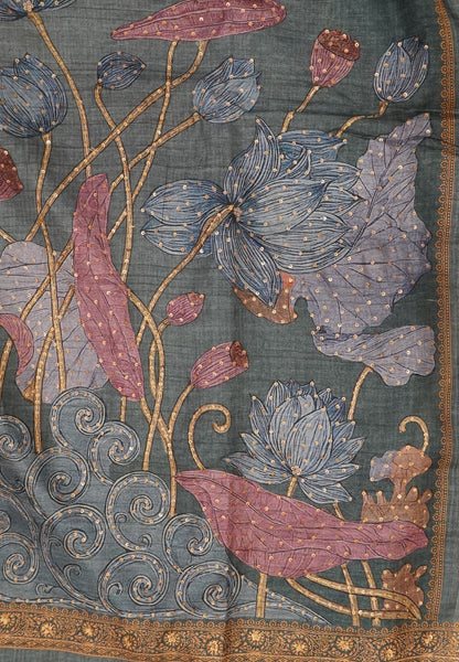 Tussar Saree-Greyish Blue with French Knot & Sequence Work