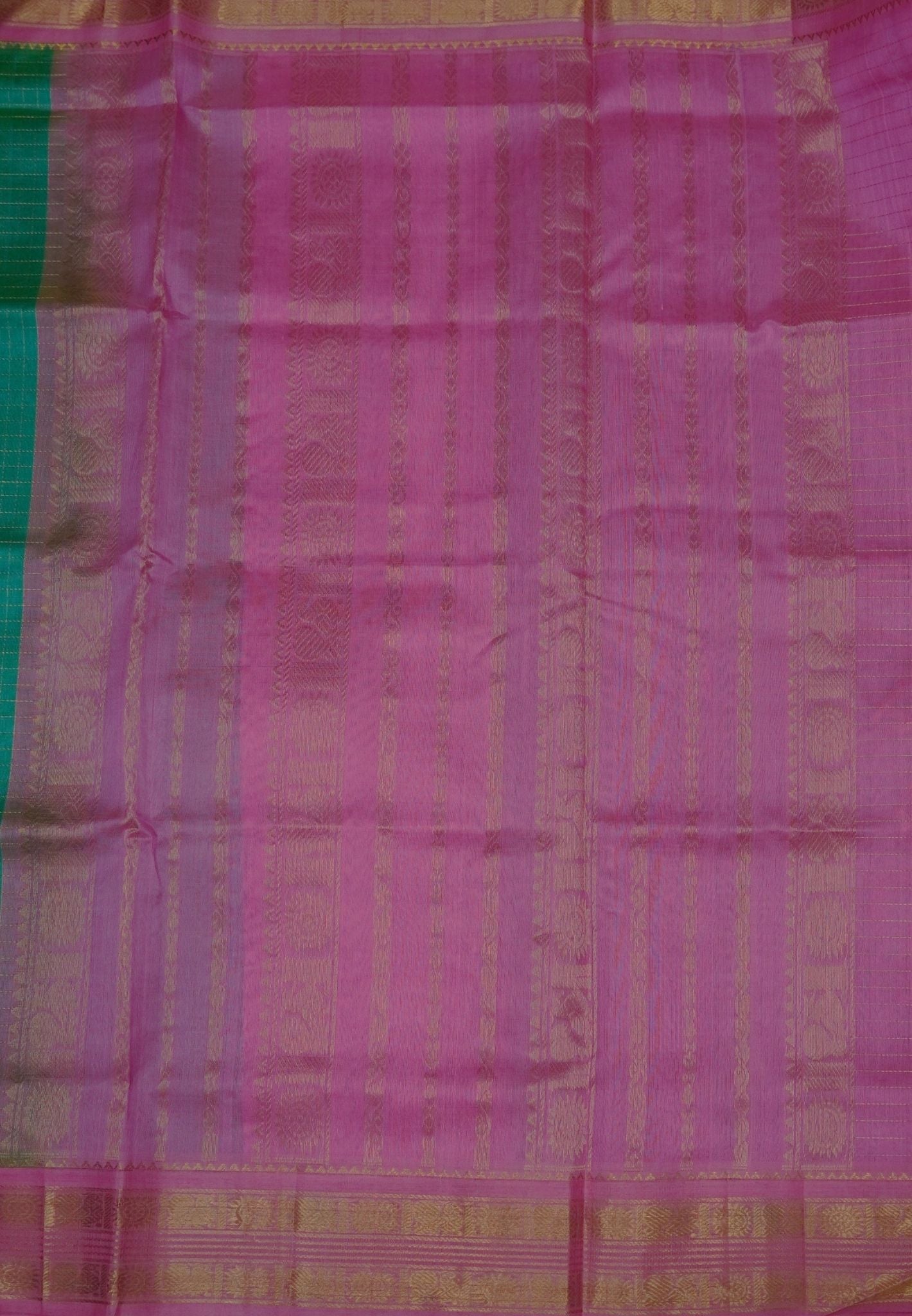 Pure Silk Cotton Saree – Teal Green in Zari Checks with Contrast Border
