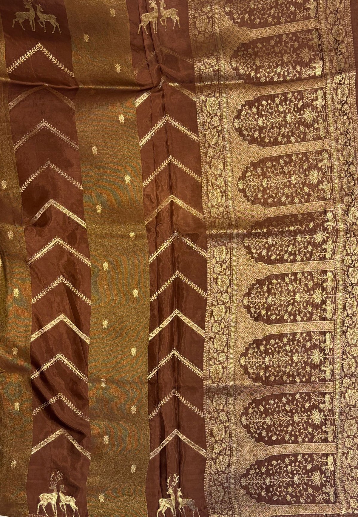 Banarasi Crepe Saree-Brown In Deer Motif Zari Border