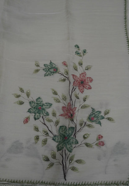 Crush Organza Saree-Muted Green with French Knot