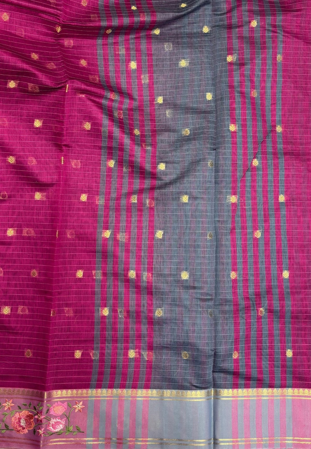 Handloom Cotton Saree-Magenta Purple in Floral Vine Border with Zari Stripes