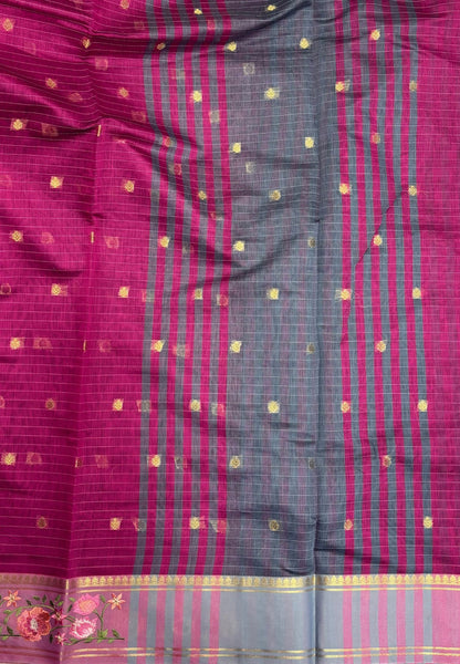 Handloom Cotton Saree-Magenta Purple in Floral Vine Border with Zari Stripes