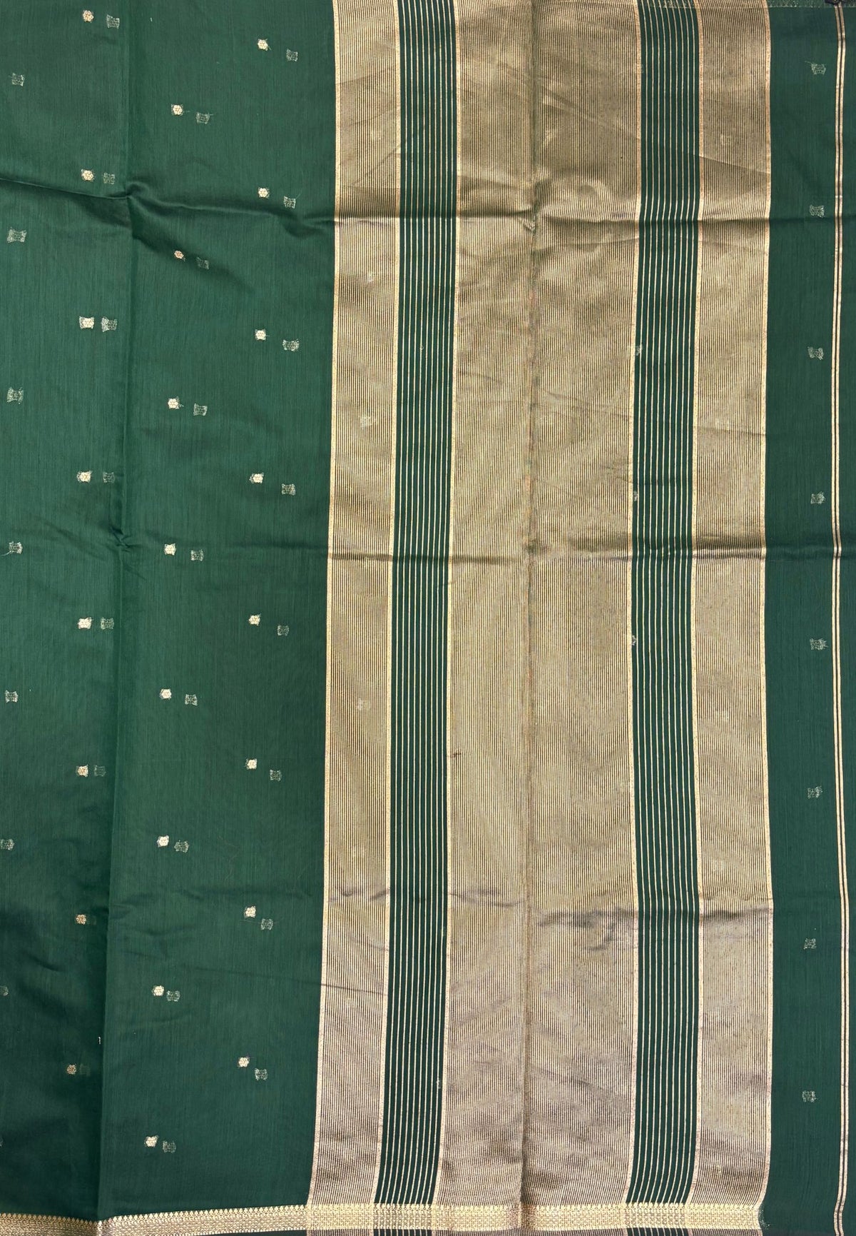 Semi Maheswari Saree-Green In Double Line Zari Stripe Border