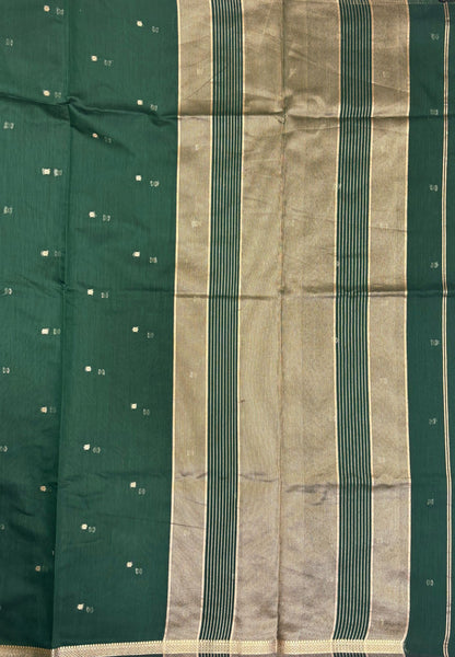 Semi Maheswari Saree-Green In Double Line Zari Stripe Border