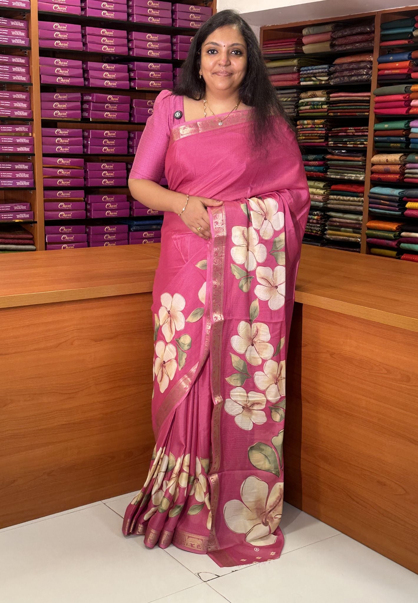 Art Mangalgiri Silk Saree-Pink with Floral Print