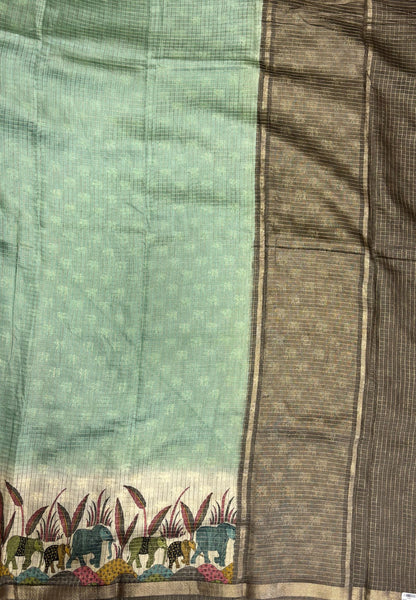 Chanderi Saree-Sea Green in Elephant Checks Border