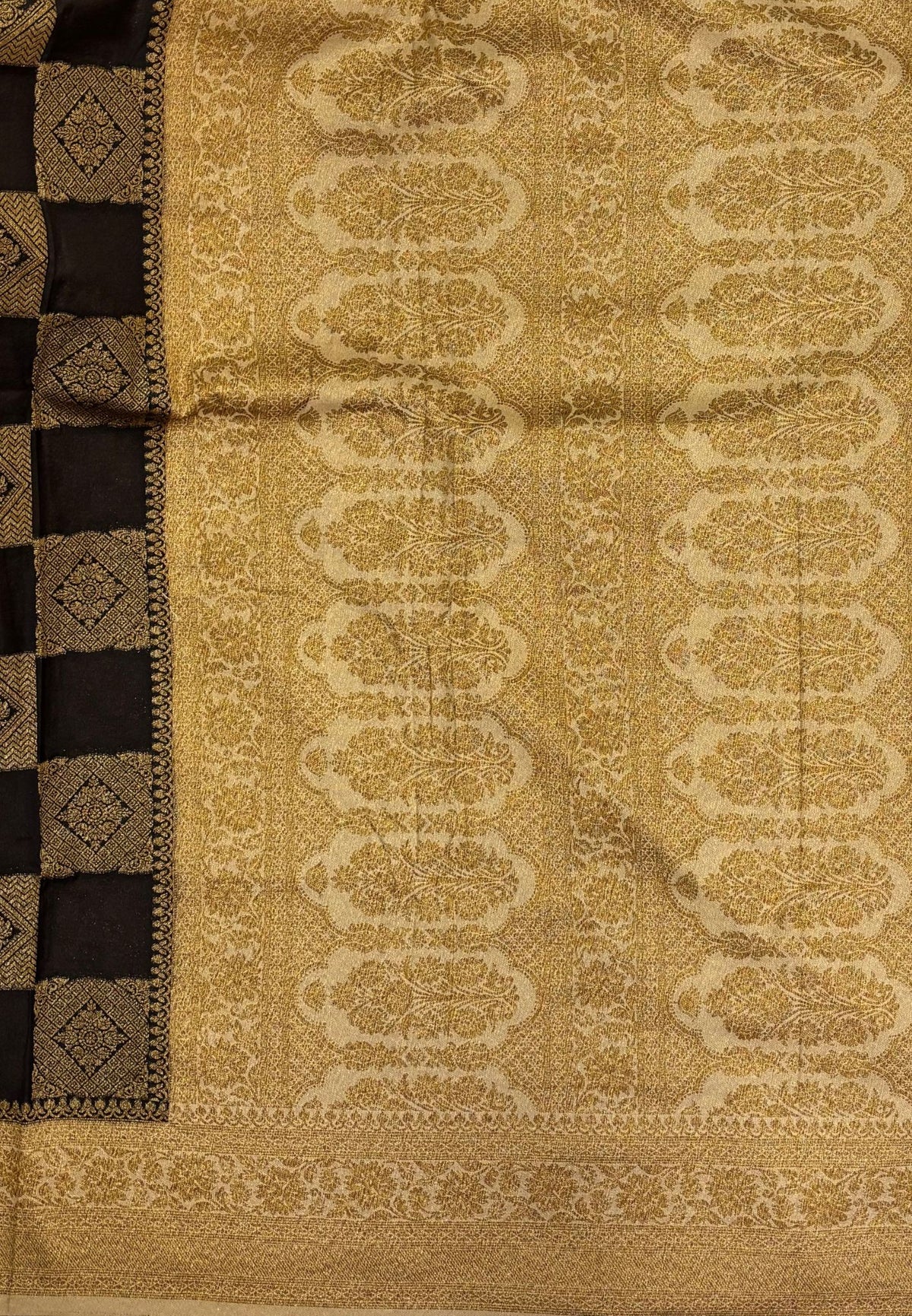 Banarasi Crepe Saree-Brown In Square Check Brocade With Contrast Border