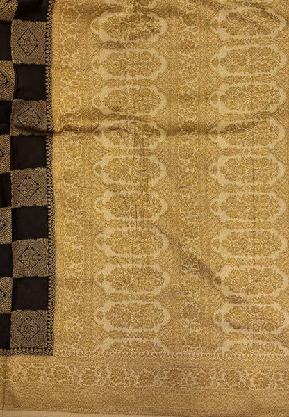 Banarasi Crepe Saree-Brown In Square Check Brocade With Contrast Border