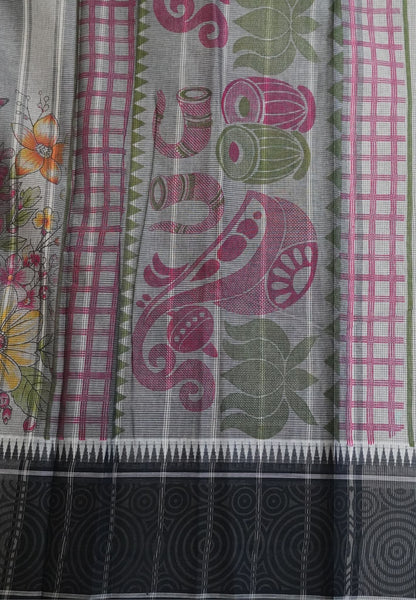 Pure Cotton Saree-Cream with Grey in Graden Grace