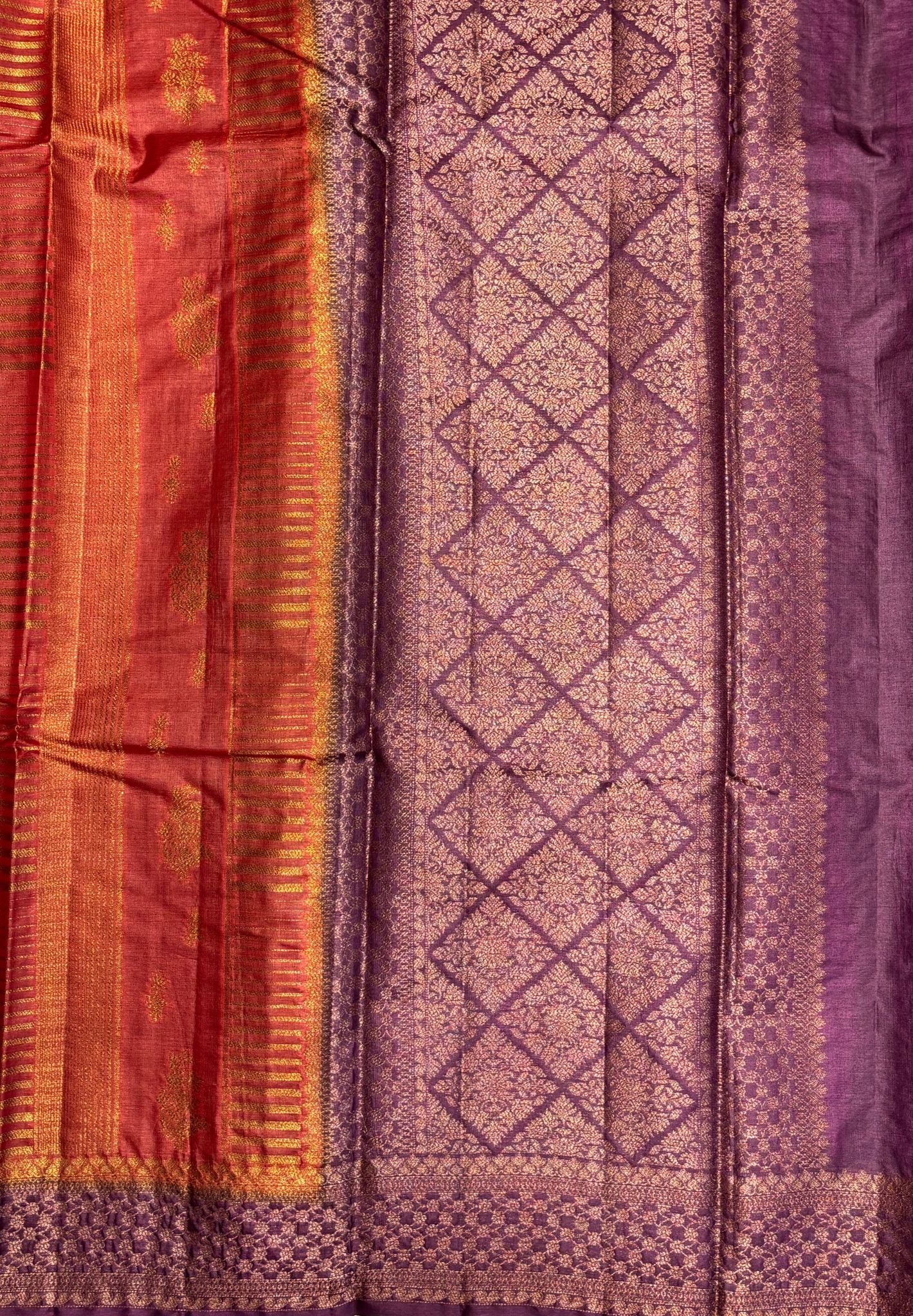 Pure Tussar Saree-Rust Orange In Geometric Diamond Zari With Contrast Border