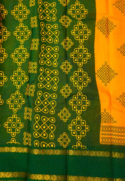 Sungudi Cotton Saree-Tumeric Yellow with Contrast Retapet Border in Kolam Pattern