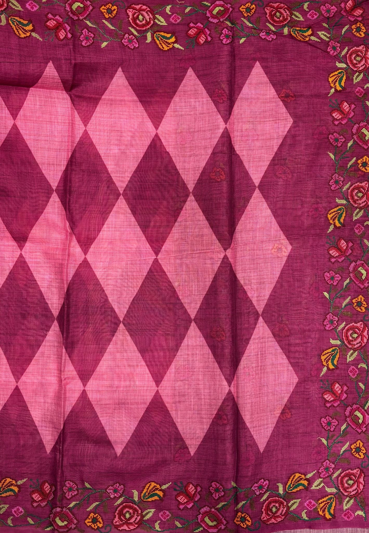 Tissue Linen Saree-Pink In Cross Stitch Floral Border