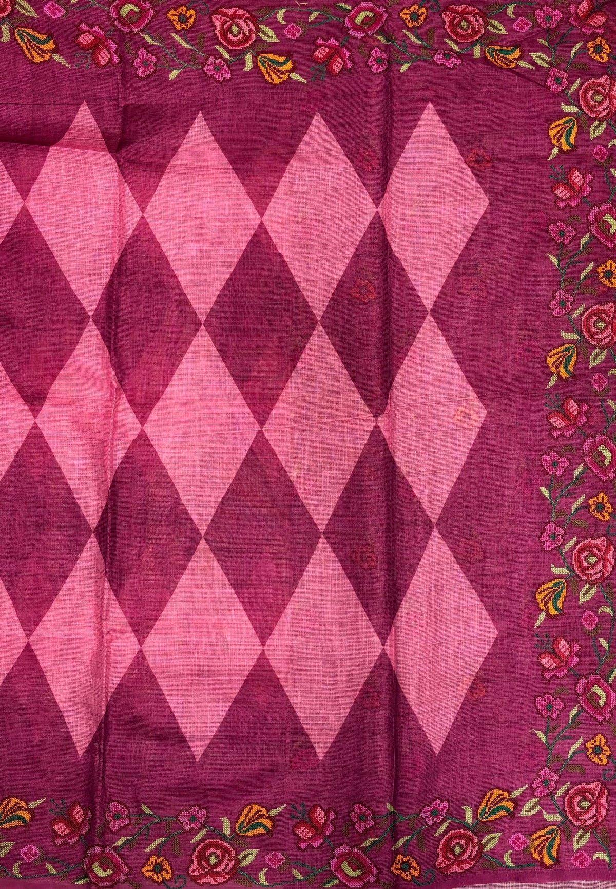 Tissue Linen Saree-Pink In Cross Stitch Floral Border