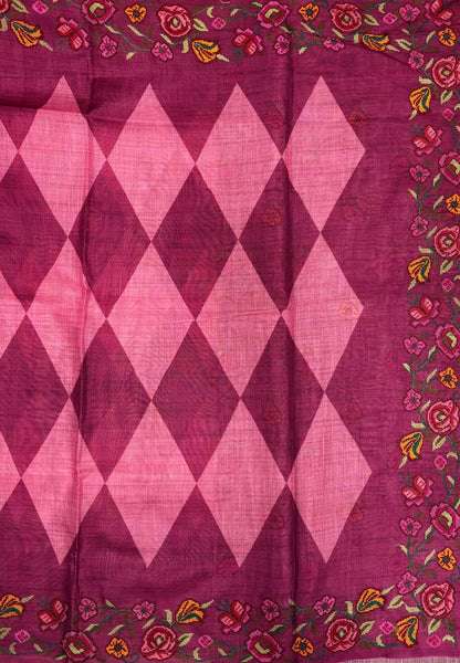 Tissue Linen Saree-Pink In Cross Stitch Floral Border
