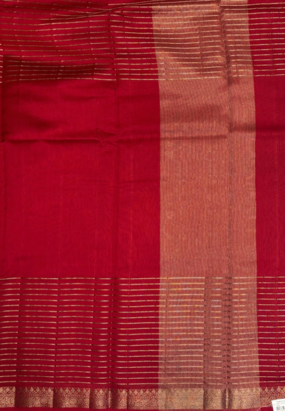 Semi Chinya Silk Saree-Rust Orange In Fine Stripe Zari Border