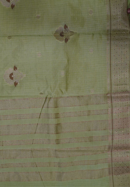 Semi Tussar Saree-Baby Green with Floral Zari Motif