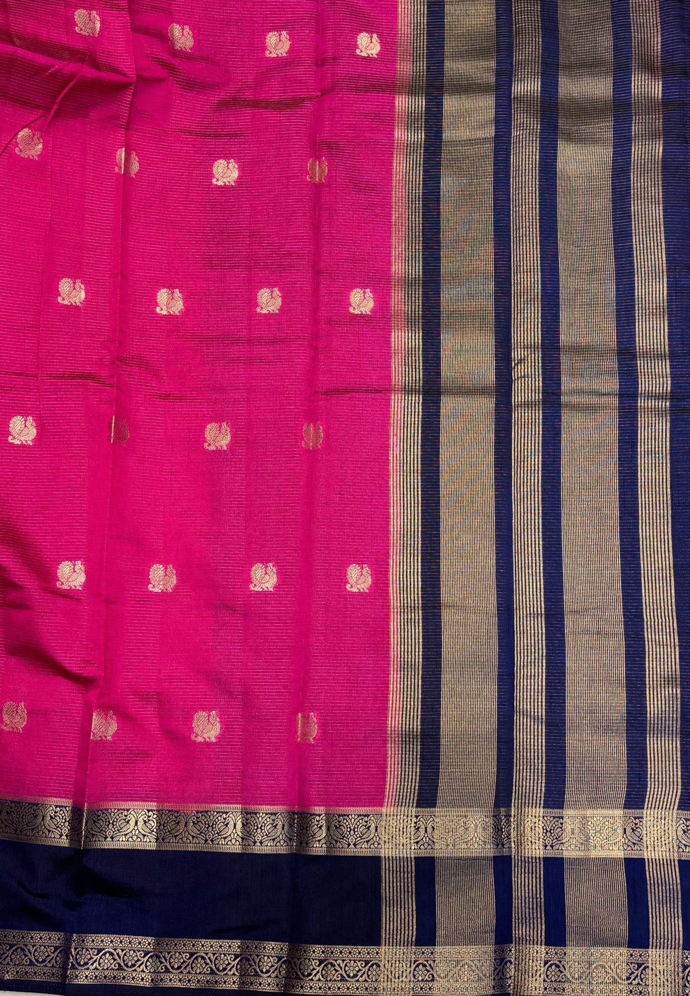 Semi Tussar Saree-Magnta Pink  in Traditional Floral Zari Stripe with Contrast Border