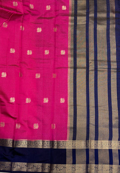 Semi Tussar Saree-Magnta Pink  in Traditional Floral Zari Stripe with Contrast Border