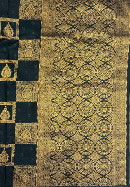 Soft Jute Tussar Saree-Bottle Green In Square Check Zari Border